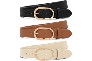 XZQTIVE 3 Pack Women's Leather Belt for Jeans Pants Ladies Fashion Leather Belt for Dresses Shiny Golden Buckle Waist Belt