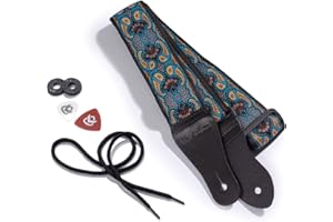 KLIQ MUSIC GEAR KLIQ Sangle de guitare vintage tissée pour guitare acoustique et électrique | Style Hootenanny jacquard des années 60 | 2 verrous de sangle en caoutchouc inclus (Paisley-Turquoise/Coffee)