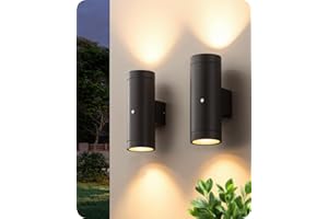 EDISHINE Dusk to Dawn Outdoor Wall Lights, Up Down Lantern Porch Light, IP44 Aluminum Matte Black, Indoor Wall Sconce with Clear Tempered Glass Shade, for Patio, Terrace, Hallway, Garage, 2 Pack