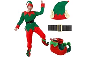 I LOVE FANCY DRESS Ladies Elf Costume - Womens Cheeky Elf Christmas Fancy Dress- Green Top + Red Trousers + Belt + Elf Hat With Ears + Deluxe Pom Pom Elf Shoes