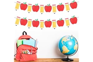 CIATBYYJ 2 striscioni a matita con mele per il ritorno a scuola, decorazioni per il primo giorno di scuola, decorazioni per feste, cartoncino glitterato rosso e giallo