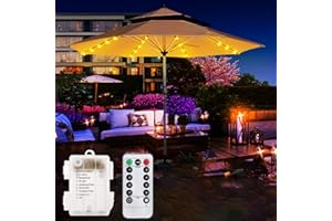 Lumières de Parasol Guirlande Lumineuse,KINGCOO Etanche 104LED Lampes pour Parasol de patio à piles Avec Télécommande 8 Modes Lumières pour Extérieure Parasol Jardin Tentes Camping (Blanc chaud)