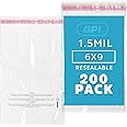 GPI - Pack of 200 6" x 9" Clear SELF Seal Poly Bags - 1.5 Mil - Resealable Polybags with Adhesive Strip & Suffocation Warning for Packaging T Shirts Clothing. Perfect for Shipping Supplies with FBA