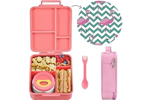 Maison Huis Pojemnik śniadaniowy dla dzieci, z przegródkami, zawiera termos, utrzymuje ciepło, pudełko na lunch dla dzieci do szkoły, przedszkola (różowy, flamingi)