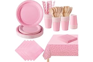PYAILI Stoviglie per Feste 169 Pezzi Rosa Chiaro Festa della Addobbi Ragazza di Compleanno dei Dambini Articoli per Feste Set Include Piatto Carta Party Tazze Tovaglioli -24 Ospiti
