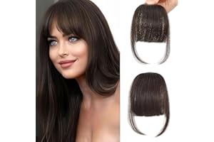 SEIMAINURS Clip In Fringe 100% Real Human Hair Bangs Hair Clip Thin Bangs On Hairpiece On Air Bangs With Temple Wispy Bangs Hair Extensions for women (Dark brown, Clip in Neat Bangs)