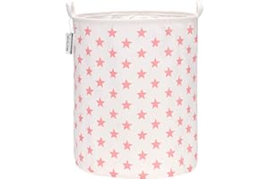 Sea Team 19.7 Inch Large Sized Waterproof Coating Ramie Cotton Fabric Folding Laundry Hamper Bucket Cylindric Burlap Canvas Storage Basket with Stylish Pink Star Design