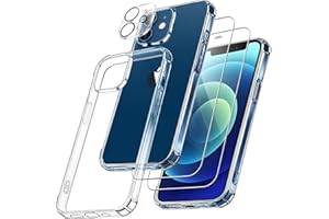 FLLAO 4 en 1 Coque pour iPhone 12 avec 2 Verre Trempé et 1 Caméra Protecteur, [Coussin d'air Intégré] Antichoc Antirayures Bumper Protection Housse pour iPhone 12 6.1", Transparent