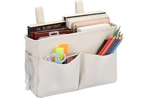 SUMTree Organisateur de chevet suspendu sac de Rangement de chevet étanche panier de lit 5 poches et ruban autocollant magique pour magazine,téléphone,stylos,télécommande (blanc)