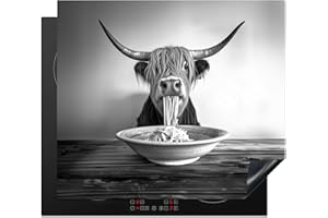 KitchenYeah© Protection Pour Plaque Induction 59x52 cm Plaque de Deco Cuisine Protégé Cache De Cuisson Vitroceramique Highlander écossais - Spaghetti - Animaux - Noir et Blanc