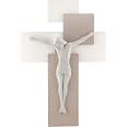Crocifisso Da Parete Classico Made In Italy - Croce Bianca 25x16cm Con Cristo In Marmorino Avorio E Dettagli Oro E Argento