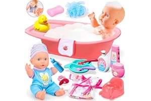GOLMUD Babypuppen Badespielset mit Zubehör, Rollenspiel-Set mit Badewanne, Badeente & Babyflasche, Lernspielzeug für Kinder ab 3 Jahren, Geschenk für Mädchen/Jungen 3 4 5 6 7 Jahre