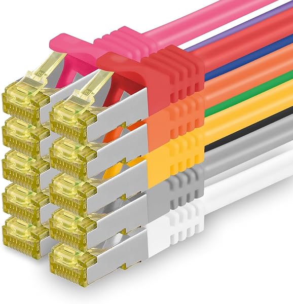 Cat.7 Patch Cable Set, S/FTP (PiMF) Ethernet LAN Network Cables, 10 Gigabits/10000 Mbps – High Speed – 600 MHz with Locking Protection, Halogen-Free (LSZH) 10 Couleurs - 10 pièces 0,25m - 1