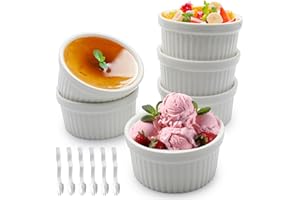 ZSMJAER 6 Bowl in Ceramica Bianca e 6 Forchette, da 185ml, Cocotte in Porcellana, Pirottini da Forno o per Snack, Cocotte per Crème Brulee, Ideali per Soufflé, Tortino al Cioccolato, Budini ecc..