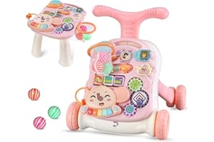 ITSLIFE 2 in 1 Lauflernhilfe zum Sitzen und Stehen für 12-36 Monate, Laufwagen, Activity Center, Abnehmbare Spielplatte, Baby Walker Regulierbarer Geschwindigkeit, Musikspielzeug, Rosa