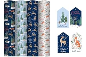 SHOP4ALLSORTS 4 x 4M Rolls Of Christmas Wrapping Paper - Woodland Animals Designs - Festive Wrap - Blue Fox & Deer, Reindeer Script, White Foxes & Foligae, Christmas Trees - 16 Matching Luggage Style Gift Tags