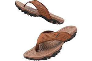 WateLves Herren Flip Flops Zehentrenner Leder mit Arch Support Sandalen Weich Leder Stoff Badelatschen Sommer Beach Rutschfest Hausschuhe Pantoletten