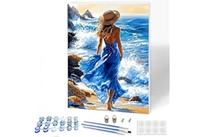 KEYIFA Peinture par Numéros pour Adulte Avec Cadre, Kits de Peinture au Numéro avec Acrylique, Femme en Jupe Bleue Creatif Toile Painting à l'huile, Décoration de Maison 30x40cm