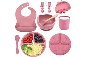 ILEYLUY Baby Feeding Set, 8 Pack Baby Led Weaning Supplies, Suction Bowl Divided Plate, Toddler Self Feeding Dish Set with Spoons Forks Sippy Cup Adjustable Bib, Eating Utensils for 6+ Months (Dark Pink)