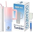 OCEANEVO 1200 ML Stainless Steel Tumbler with Lid and 3 Straws, Double Insulated Cup with Handle for Hot and Cold, 100% Leakproof Mug for Office, Gym and Travel - Pink and Blue