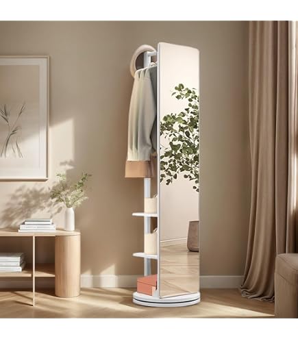 Appendiabiti Da Terra Con Specchio Girevole A 360°, 2 Cassetti E 4 Ganci – Bianco, 45x45x160 Cm