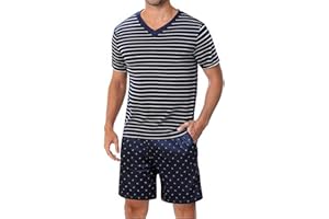 Marvmys Pijamas Hombre Verano Corto Conjunto Algodón Raya Manga Cortas Tops Pijama Pantalones con Bolsillo S-3XL