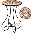 VONLUCE Round Side Table, Indoor and Outdoor Plant Stand, Small Coffee Table with Ceramic Tile Top for Patio Balcony, 53cm Tall Mosaic Garden Table, Living Room End Table or Bedside Table, Quilt Star