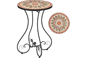 VONLUCE Round Side Table, Indoor and Outdoor Plant Stand, Small Coffee Table with Ceramic Tile Top for Patio Balcony, 53cm Tall Mosaic Garden Table, Living Room End Table or Bedside Table, Quilt Star