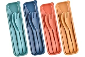 NINEVI 4 piezas de juego de cubiertos con estuche, Cubiertos de plástico portátil, Juego de vajilla de viaje, mit cuchillo/cuchara/tenedor,para viajes al aire libre, oficina, escuela(4 Colores)