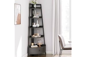 Seventable Corner Shelf with Drawer, 5-Tier Corner Bookshelf, Freestanding Corner Shelf Unit, Black Corner Bookcase, Corner Plant Stand for Living Room, Kitchen, Home Office