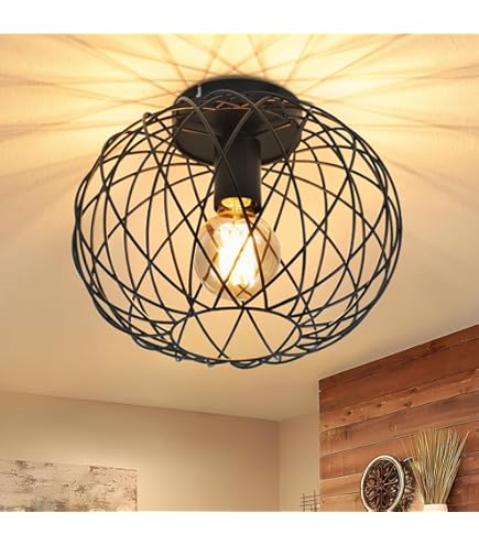 Oravi plafondlamp, metalen plafondlamp in zwart, met bamboe/houten kap, 30 cm, 1-lamp, E27 fitting, Modern licht met lichtspel, zonder gloeilamp