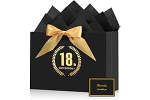 BBLIKE 18th Birthday Gift Bag - Fabulous Black Gold Happy 18 Large Birthday Present Bag for Women Men, With 2 Wrapping Papers 1 Card, Elegant Anniversary Decorations Party Supplies Shopping Paper Bags
