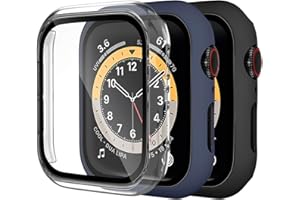 Dirrelo 3 Pack PC Case Compatible with Apple Watch Series 6/5/4/SE 44mm Tempered Glass Screen Protector, Full Cover Thin All-Around HD Protective Bumper Case for iwatch 6/5/4, Clear/Blue/Black