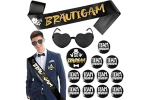 RVLZKCPG JGA Decorative Men's Groom Sash Badge Button with 11 Team Groom Buttons 1 Glasses Stag Night Men Decoration Bachelorette Party Accessories Badge Party Bag Party Accessories Black Gold