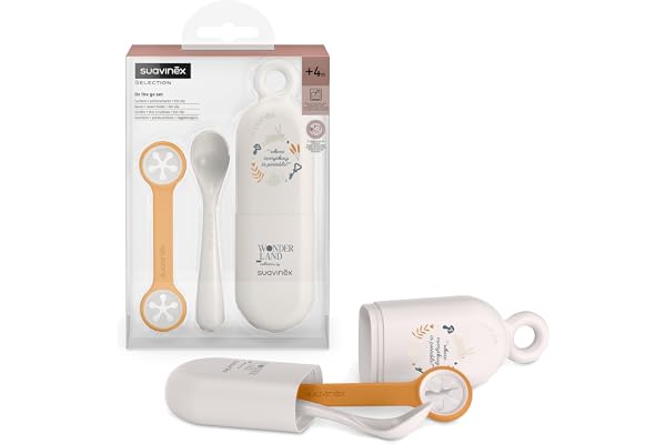 Suavinex, Set On the Go, Set Couverts Bébé avec Cuillère + Porte-Cuillère + Porte-Bavoir. Pour manger à l'extérieur. Lavable au lave-vaisselle. Pour Bébés +4 Mois, Wonderland, Gris