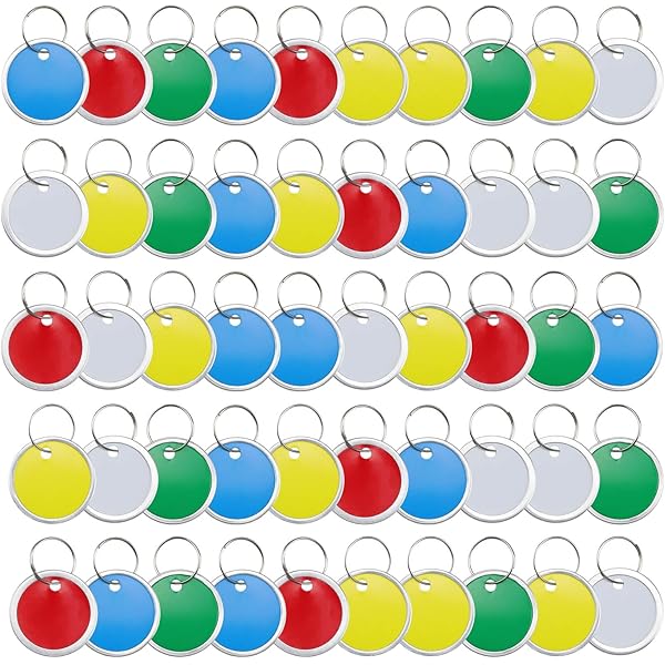 50 Targhette Portachiavi Uniclife - 7 Colori, 3.8cm, Scrivibili Con Anelli Metallici