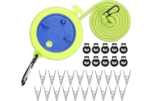 YIKAOMAI® Einziehbare Wäscheleine, 10 m tragbare Reisewäscheleine, verstellbare Camping-Wäscheleine mit 10 festen Schnallen und 20 Wäscheklammern für Camping im Freien $ drinnen (Grass Green Style)