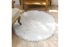 HEQUN Circular Faux Fur Sheepskin Style Rug Faux Fleece Chair Cover Seat Pad Soft Fluffy Shaggy Area Rugs For Bedroom Sofa Floor (White, 60 X 60 CM)