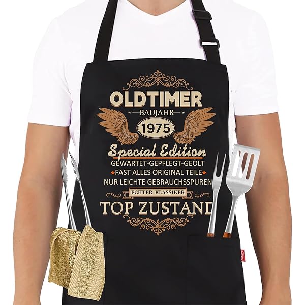 Personalisiert: 60. Geburtstag Schürze – Oldtimer-Motiv 1965 Mit Namen, Unisex, 85 Cm, Mit Tasche