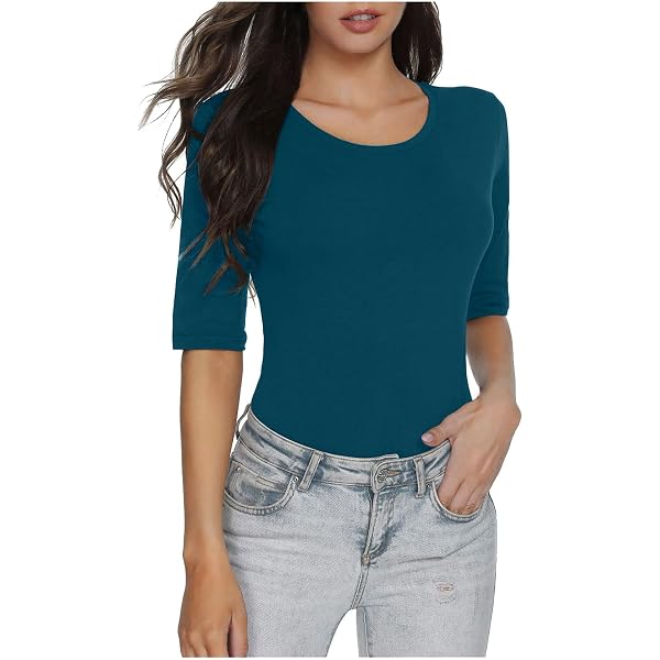 OThread & Co. Women's Stretchy Scoop Neck Crop Top - 3/4 Sleeve Basic Tee (Medium, Red) - View #9