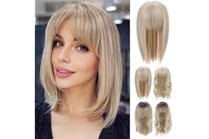 Yamel Hair Topper with Bangs Natural Synthetic Hairpieces 14 Inch Short Ash Blonde mix Bleach Blonde Straight Wiglets Hairpieces for Thinning Hair