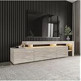 Beliz Modern LED Işıklı 3 Kapaklı, Raflı TV Sehpası &ndash; 192 cm, Traverten Desen