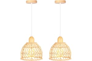 iDEGU 2 Piezas Lámpara Colgante Moderna Creativa Lámpara de Techo Interior Diseño Boho en Bambú y Madera Pantalla de Jaula Ratán Vintage Luz Colgante para Dormitorio Cocina Sala Comedor (20cm)