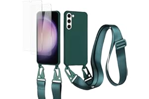 vrupin kompatibel mit Samsung Galaxy S23 Handykette Hülle,[2 Stück Schutzfolie 9H Härte Gehärtete Folie].Necklace Hülle Nylon Schultergurt Weich Flüssiges Silikon-Dunkelgrün