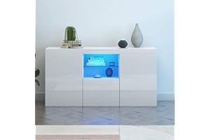 Panana Sideboard Storage Cupboard High Gloss Front Cabinet RGB Multicolor LED Lighting with 3 Doors and Shelves White