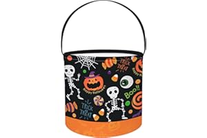 Clastyle Halloween Wacky Secchio di Caramelle con Manico per Ragazzi Ragazze Dolce Pieghevole Trick or Treat Borsa per Bambini Decorazione Forniture di Partito,Scheletro Zucca