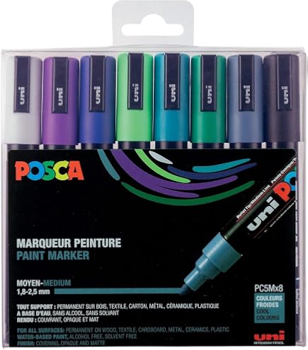 Pack POSCA Co-Coloriage Mystère - 8 Marqueurs Acrylique + 5 Planches à Colorier, Pointes Variées, Pochon Offert