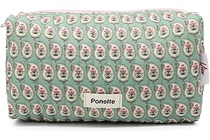 PONETTE - Neceser de Mujer Vive Acolchado Verde Estampado Paisley, Cremallera y Tirador Rosa, Forro Verde, Ideal, Viaje, Piscina, Gimnasio, Estuche, Bolsa de Aseo, Marca Española