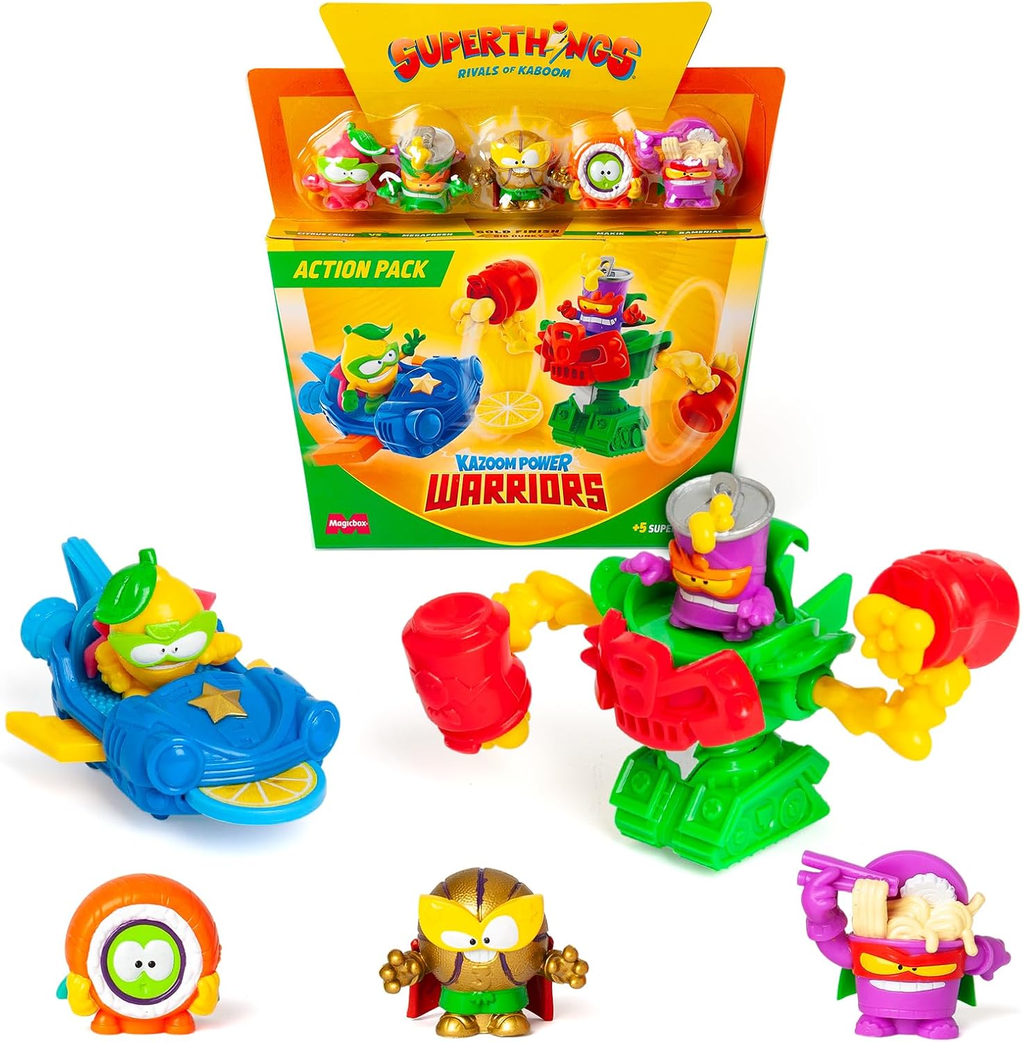SUPERTHINGS KAZOOM Power Warriors – Action Pack. Contiene 5 Superthings (Incluye 1 capitán Dorado), 1 Robot, 1 Slider. Pack 1 de 4