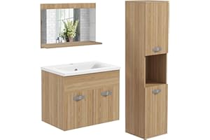 kleankin Conjunto de Muebles de Baño de Pared de 3 Piezas, Incluye Espejo, Mueble de Baño con Lavabo Cerámico, Armario Alto con Estantes Ajustables, Estilo Moderno, Natural